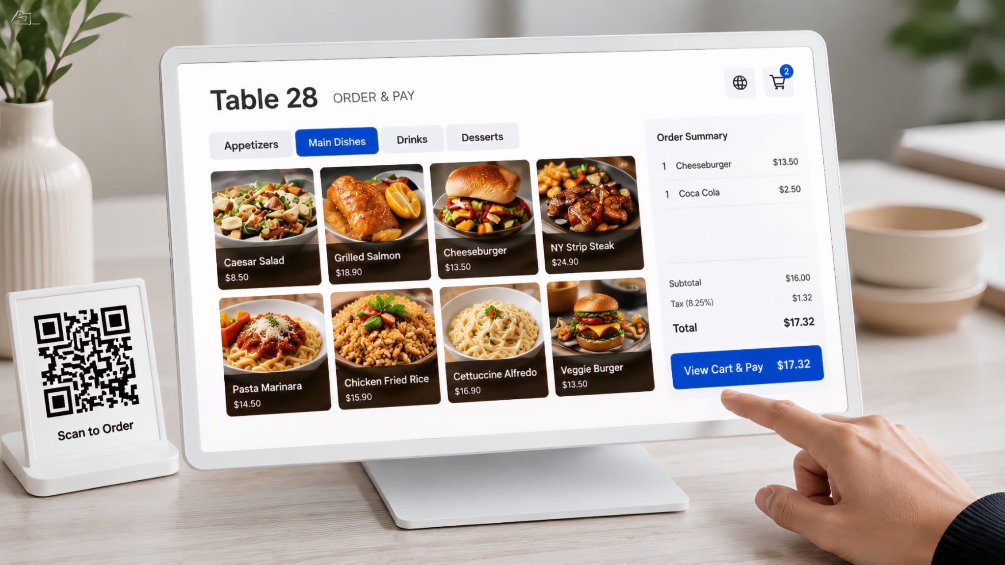 Cashier using modern Tablet POS System at a coffee shop counter